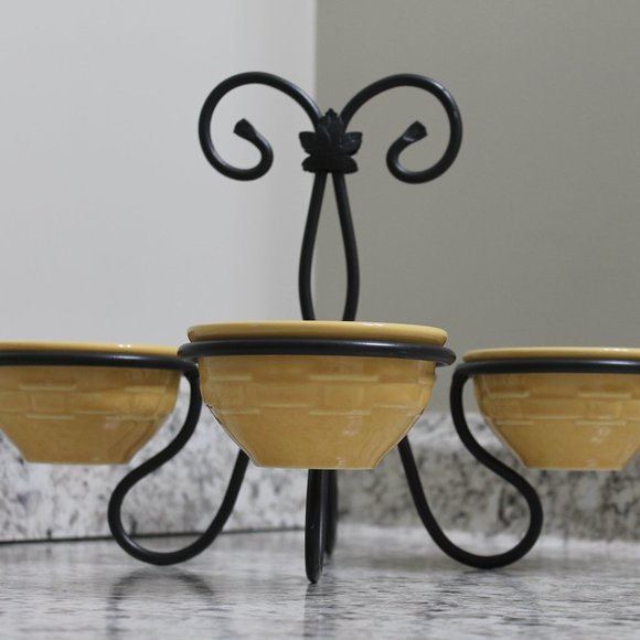Longaberger Dessert Bowls with Wrought Iron Caddy Server Stand Butternut Yellow - Picture 3 of 8